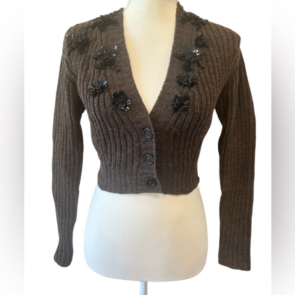 Prada 2009 Archive Wool Beaded Floral Cropped Cardigan IT 38 XS